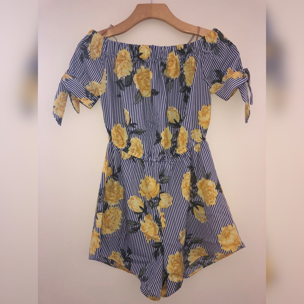 Blue Stripped Romper W/ Yellow Flowers